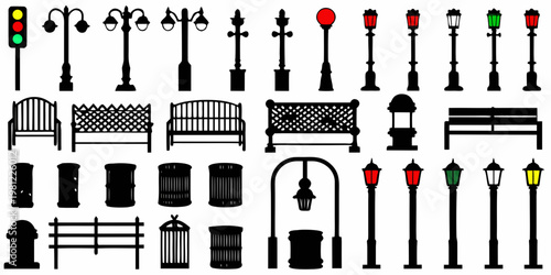 Black silhouettes of street lamps benches and urban elements