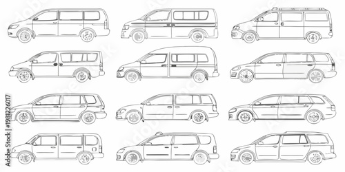 Collection of various minivan and small van vehicle line drawings
