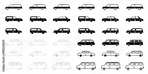 Collection of diverse simplified vehicle icons in black and white