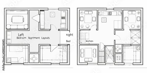 Architectural floor plans depicting two apartment layouts with labeled rooms