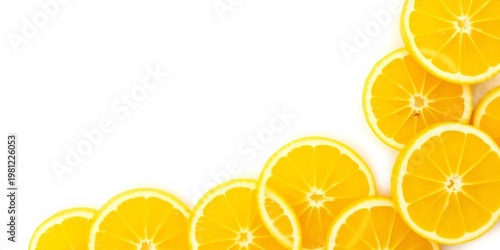 Vibrant yellow lemon slices arranged artfully on pristine white background,   ingredients,  photography
