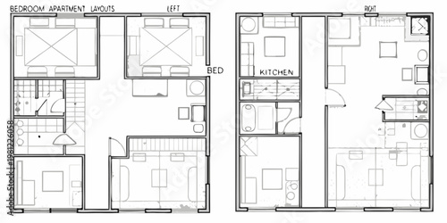 Architectural floor plans depicting apartment layouts with labeled rooms