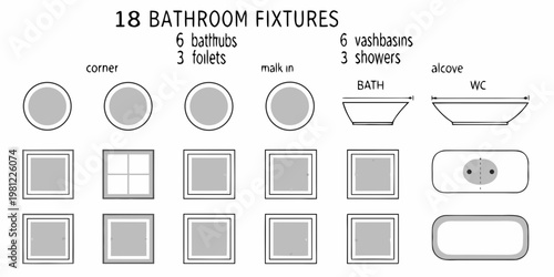 Diagram of bathroom fixtures including tubs toilets sinks and showers