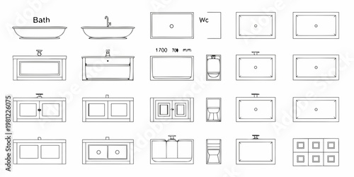 Architectural plan displaying various bathroom sink and cabinet layouts