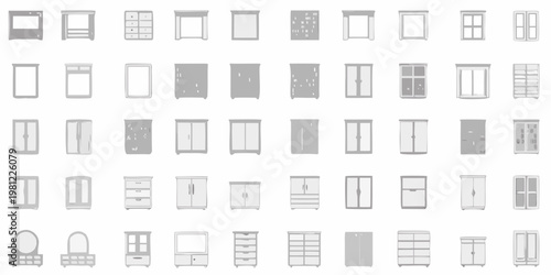 A collection of gray wardrobe and cabinet outlines on a white background