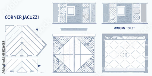 Architectural plans displaying corner jacuzzi modern toilet and bathroom layouts