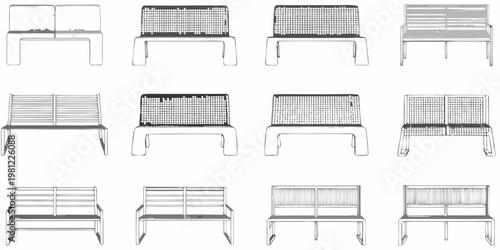 Line art illustration of nine different bench designs on a white background
