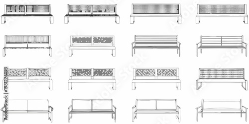 Architectural drawing displaying multiple variations of park benches