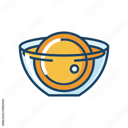 A bright and simple illustration of a bowl filled with a golden yellow, viscous liquid, possibly soup or sauce.