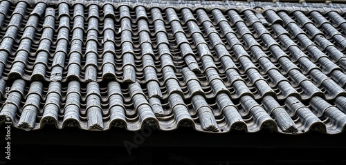 Weathered grey Chinese shingles, layered roof texture, ancient building detail, construction, detail