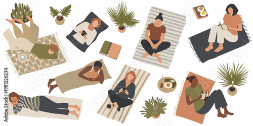 Diverse people relaxing and enjoying leisure activities outdoors flat illustration