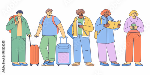 Diverse group of people with luggage possibly traveling or commuting