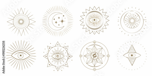 Collection of mystical sun moon and eye symbols in delicate line art