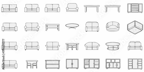 Line drawing of various furniture pieces arranged in a grid pattern