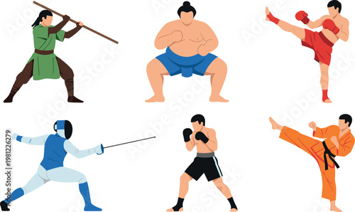 Flat Design Martial Arts Characters Set with Boxing, Karate, Sumo, Fencing, and Weaponry for Sports and Fitness Branding