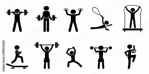 Stick figures demonstrate various athletic exercises and fitness activities