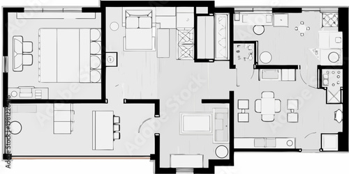 Detailed architectural floor plan of a modern apartment with furniture layouts