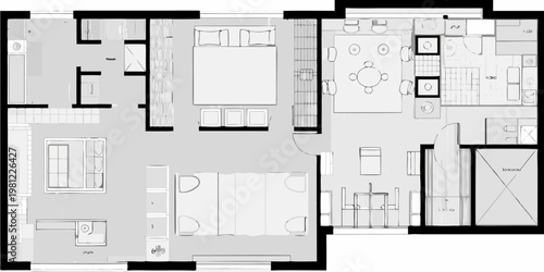 Minimalist floor plan showcasing an open concept living space and kitchen design