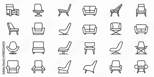 Collection of diverse chair and seating outline icons in a grid pattern