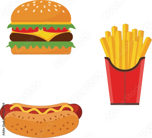 Hamburger french fries and hot dog isolated on transparent background vector illustration unhealthy fast food meal set with condiments.