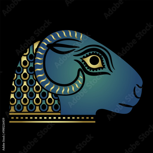 Head in profile of a ram or sheep. Ancient Greek ethnic animal design. Blue and gold art on black background.