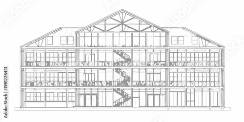 Architectural cutaway drawing of a multi story building with a staircase