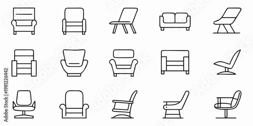 Collection of various chair and sofa line art illustrations