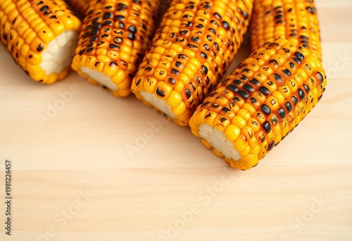 Golden grilled corn on the cob, kernels charred, arranged on a light wood surface, grilled corn,   simple