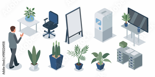 Isometric office arrangement with furniture plants and a business person