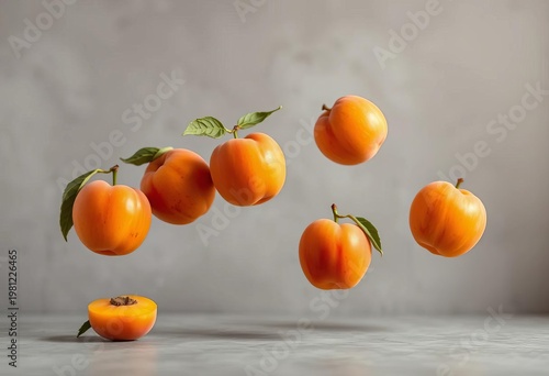 Juicy apricots levitate against a muted grey backdrop,   image,   abstract