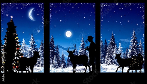 Silhouetted holiday scenes depict deer, a tree, and a person under a starry sky and moonlit landscapes in triptych