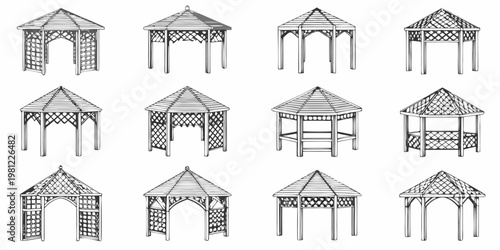 Collection of detailed black and white gazebo and pergola illustrations