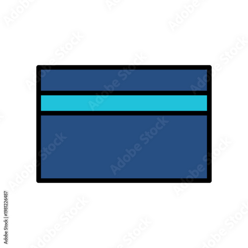 A rectangular object with a dark blue front and a bright turquoise horizontal stripe across its center, resembling a card.