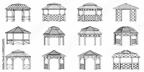 Collection of hand drawn gazebo illustrations in varying architectural styles