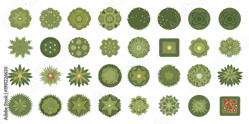 An aerial view of diverse stylized green trees and shrubs