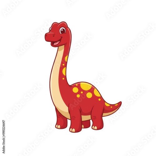 A full-body cartoon brachiosaurus dinosaur sticker in glossy red vinyl with yellow spots, smiling cheerfully, isolated on a transparent background, product photography concept