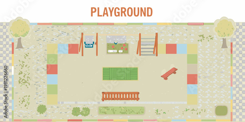 Aerial view illustration of a colorful children s playground with various features
