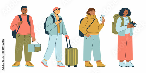 Diverse group of travelers with luggage and personal belongings walking