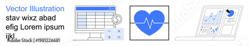 Finance management, healthcare analytics, data trends, business growth, budgeting, online monitoring. Computer with spreadsheet, heart monitor symbol and tablet with data chart. Finance management