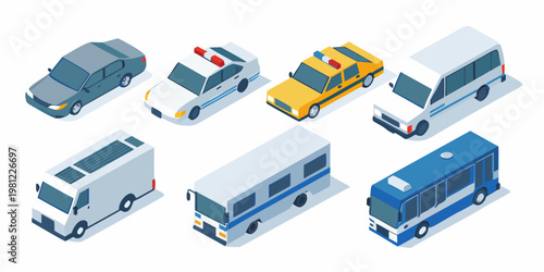 Isometric illustration of various vehicles including cars vans and buses