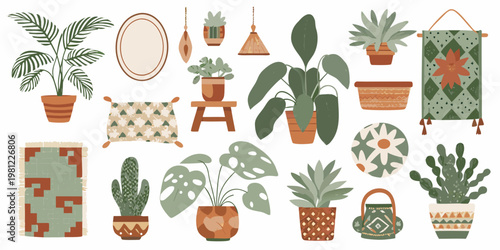 Bohemian indoor plants and decorative elements in a playful illustration