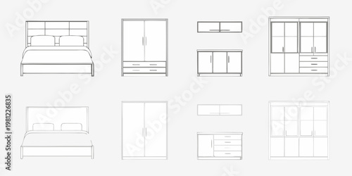 Minimalist bedroom furniture set including beds wardrobes and chests