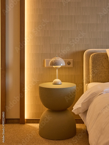 Modern and Cozy Hotel Bedroom Interior with Warm Lighting	