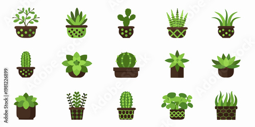 Collection of various potted cacti and succulents in flat design