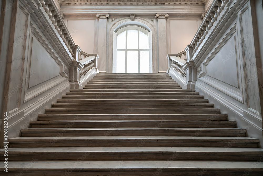 Naklejka premium A grand marble staircase leads upwards in a stately building.