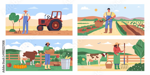 Four scenes depicting farmers engaged in various agricultural activities