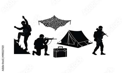 Army camping silhouette vector showing soldiers hiking and crouching with tent illustration