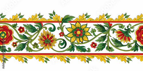 A vibrant floral border design with red yellow and green elements