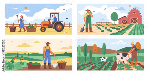 Illustrative farming scenes depict various agricultural activities and rural life