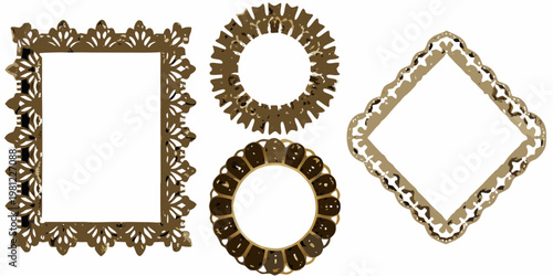 Three ornate gold frames in rectangular oval and diamond shapes